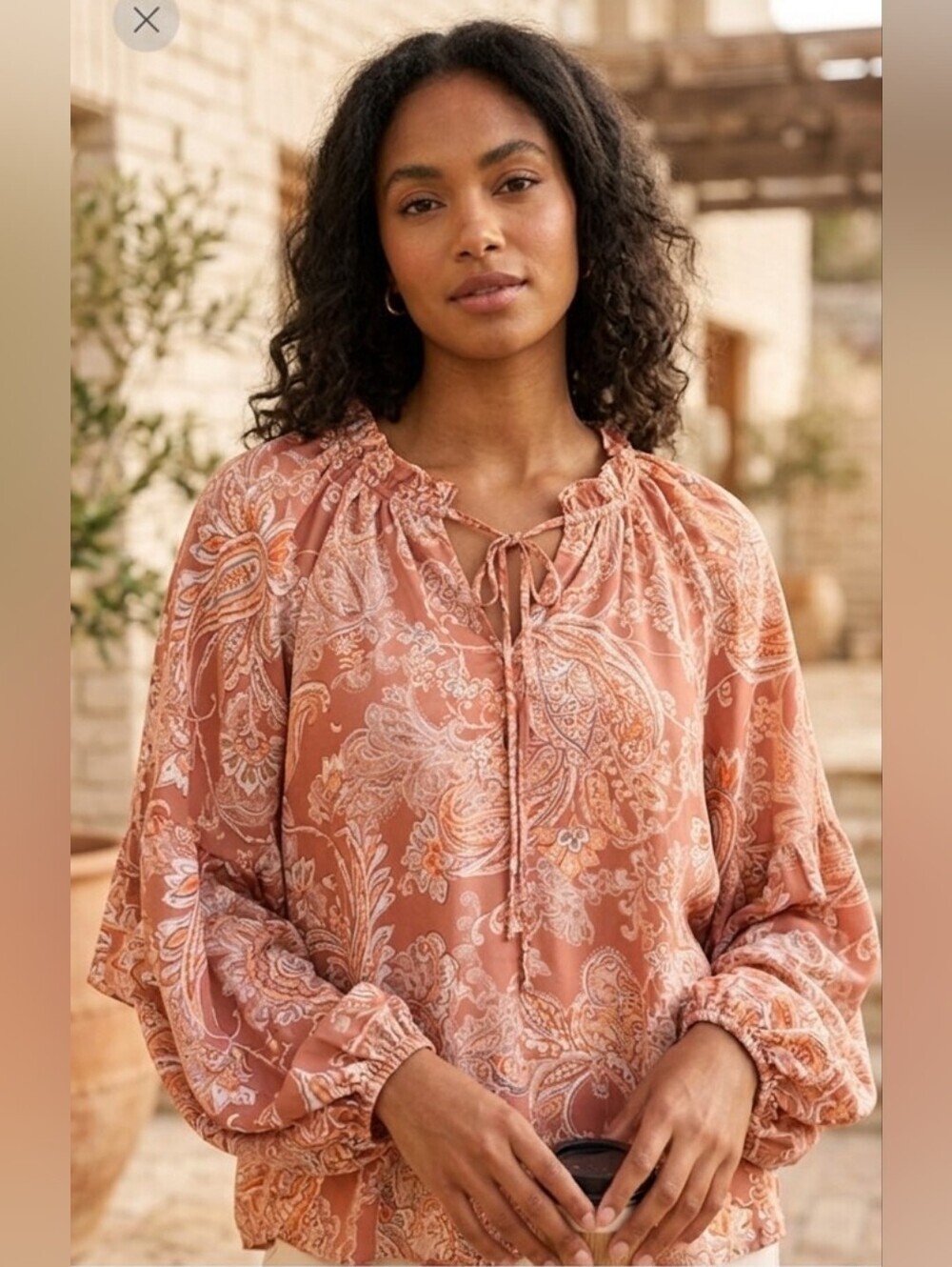 Blu Pepper Paisley Tie-Front Blouse in Rust Floral